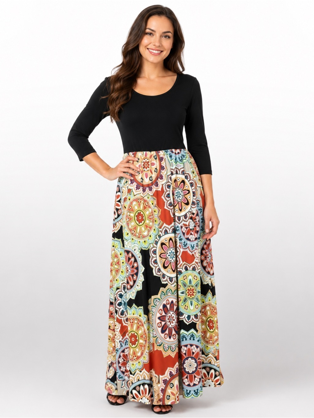 NWOT Black Multicolor Floral Medallion Maxi Dress Size M 3/4 Sleeve